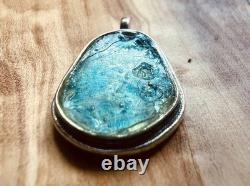 Ancient Roman Glass Pendant 925 Sterling Silver Blue Patina Israel Artifact
