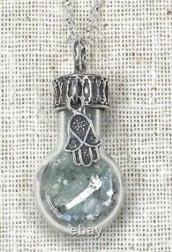 Ancient Roman Glass Sterling Silver 925 Pendent Fragments Chamsa in Glass bottle