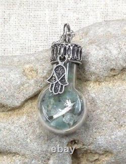 Ancient Roman Glass Sterling Silver 925 Pendent Fragments Chamsa in Glass bottle