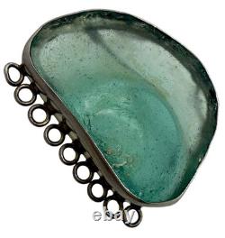 Ancient Roman Glass & Sterling Silver Modernist Brooch Pin Pendant Israel Artist