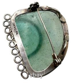Ancient Roman Glass & Sterling Silver Modernist Brooch Pin Pendant Israel Artist