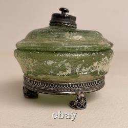 Ancient Roman Glass Vessel with Sterling Silver Mounts-925 Marked, Antiquity