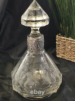 Antique 1800's Cut Crystal Etched Faceted Decanter 800 Sterling Silver Germany