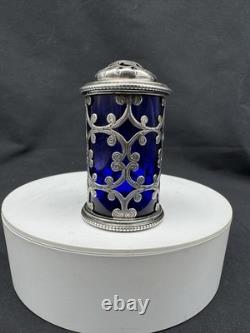 Antique 1854 Charles & George Fox Sterling Silver Cobalt Glass Pepper Shaker