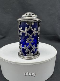 Antique 1854 Charles & George Fox Sterling Silver Cobalt Glass Pepper Shaker