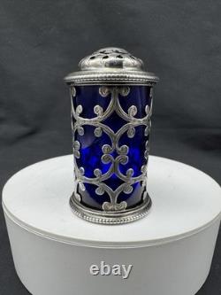 Antique 1854 Charles & George Fox Sterling Silver Cobalt Glass Pepper Shaker
