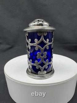 Antique 1854 Charles & George Fox Sterling Silver Cobalt Glass Pepper Shaker