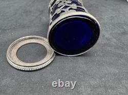 Antique 1854 Charles & George Fox Sterling Silver Cobalt Glass Pepper Shaker