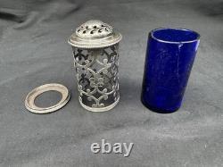 Antique 1854 Charles & George Fox Sterling Silver Cobalt Glass Pepper Shaker