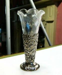 Antique 1899 Sterling Silver Repousse Glass Epergne Vase Posy Holder Victorian