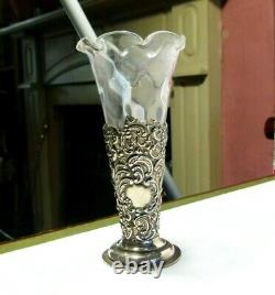 Antique 1899 Sterling Silver Repousse Glass Epergne Vase Posy Holder Victorian