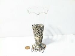 Antique 1899 Sterling Silver Repousse Glass Epergne Vase Posy Holder Victorian