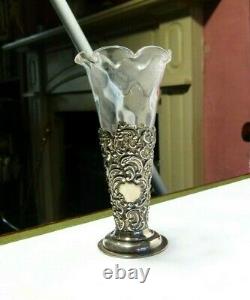 Antique 1899 Sterling Silver Repousse Glass Epergne Vase Posy Holder Victorian