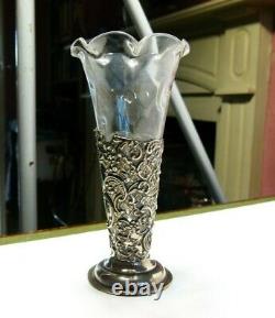 Antique 1899 Sterling Silver Repousse Glass Epergne Vase Posy Holder Victorian