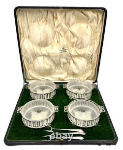Antique 1911 Hardy Bros Sterling Silver Relish Dishes with Opaque Glass Boxed