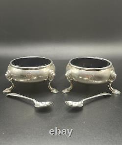 Antique 1913 Sterling Silver Salt Cellars with Cobalt Glass Liners & EPNS Spoons