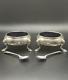 Antique 1913 Sterling Silver Salt Cellars With Cobalt Glass Liners & Epns Spoons
