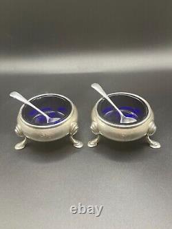 Antique 1913 Sterling Silver Salt Cellars with Cobalt Glass Liners & EPNS Spoons