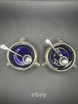 Antique 1913 Sterling Silver Salt Cellars with Cobalt Glass Liners & EPNS Spoons