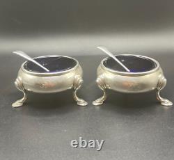 Antique 1913 Sterling Silver Salt Cellars with Cobalt Glass Liners & EPNS Spoons