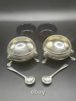 Antique 1913 Sterling Silver Salt Cellars with Cobalt Glass Liners & EPNS Spoons