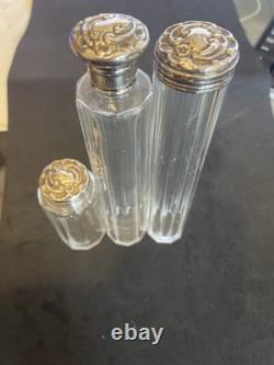 Antique 1919 Sterling Silver & Cut Glass Vanity Bottle Set London Hallmark