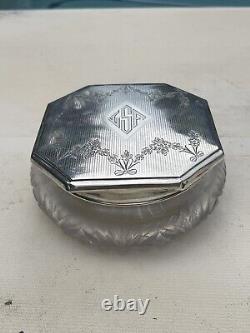 Antique 1920's Sterling Silver F&B Art Deco Cut Crystal Glass Dresser Jar