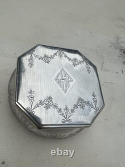 Antique 1920's Sterling Silver F&B Art Deco Cut Crystal Glass Dresser Jar