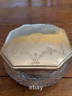 Antique 1920's Sterling Silver F&B Art Deco Cut Crystal Glass Dresser Jar