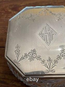 Antique 1920's Sterling Silver F&B Art Deco Cut Crystal Glass Dresser Jar