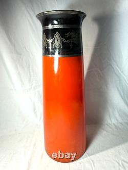 Antique 1925 Orange Art Deco Bohemian Glass Sterling Silver Vase -free Ship
