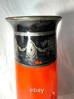 Antique 1925 Orange Art Deco Bohemian Glass Sterling Silver Vase -free Ship
