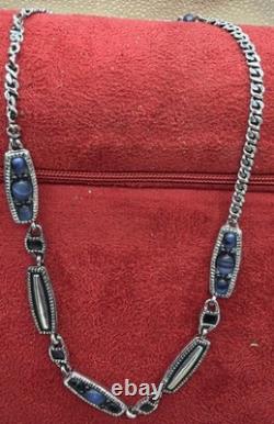 Antique 1930's Sterling Silver Art Deco Necklace Blue Glass Cabs. 28G Test Pos