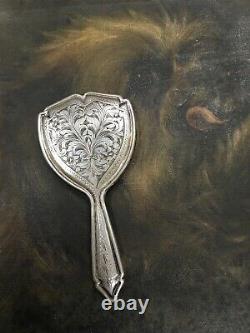 Antique 800 Silver Pocket Purse Mirror Beveled Edge Glass Floral Finely Detail