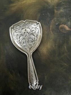 Antique 800 Silver Pocket Purse Mirror Beveled Edge Glass Floral Finely Detail