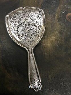 Antique 800 Silver Pocket Purse Mirror Beveled Edge Glass Floral Finely Detail