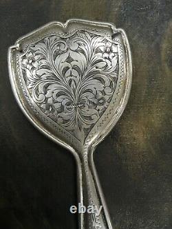 Antique 800 Silver Pocket Purse Mirror Beveled Edge Glass Floral Finely Detail