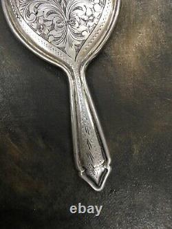 Antique 800 Silver Pocket Purse Mirror Beveled Edge Glass Floral Finely Detail