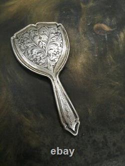Antique 800 Silver Pocket Purse Mirror Beveled Edge Glass Floral Finely Detail