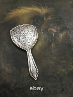 Antique 800 Silver Pocket Purse Mirror Beveled Edge Glass Floral Finely Detail