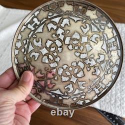 Antique. 925 Webster Sterling Silver Overlay & Glass Trivet Floral Engraved 6