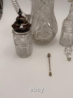 Antique ABP Cut Glass Set with Sterling Silver Pitcher Engraved in Greek 1882-1897