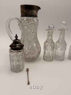 Antique ABP Cut Glass Set with Sterling Silver Pitcher Engraved in Greek 1882-1897