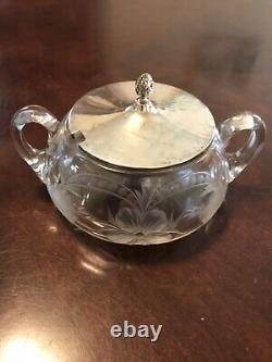 Antique ABP Cut Glass Sugar Bowl Two Handled Sterling Silver Lid