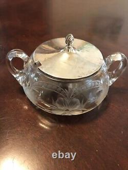 Antique ABP Cut Glass Sugar Bowl Two Handled Sterling Silver Lid
