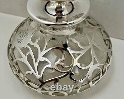Antique ALVIN Large, Wide, Clear Glass & Sterling Silver Overlay Perfume Bottle