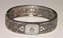 Antique ART DECO CAMPHOR GLASS STERLING SILVER FILIGREE BANGLE BRACELET Marked