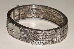 Antique ART DECO CAMPHOR GLASS STERLING SILVER FILIGREE BANGLE BRACELET Marked