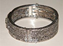 Antique ART DECO CAMPHOR GLASS STERLING SILVER FILIGREE BANGLE BRACELET Marked