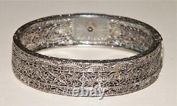 Antique ART DECO CAMPHOR GLASS STERLING SILVER FILIGREE BANGLE BRACELET Marked